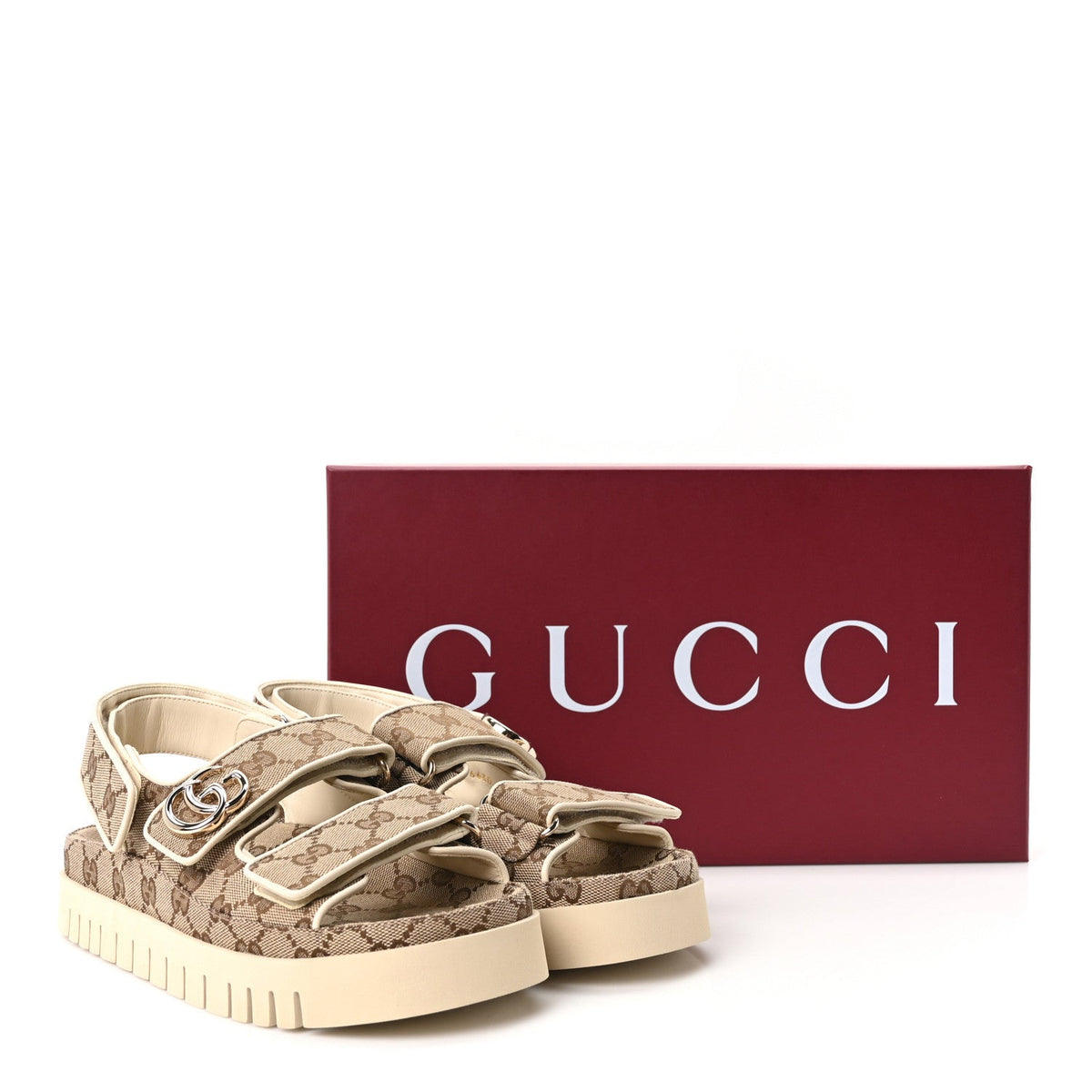 Gucci Monogram Suede Women's Double G Dad Sandals 37 Beige Ebony New Acero