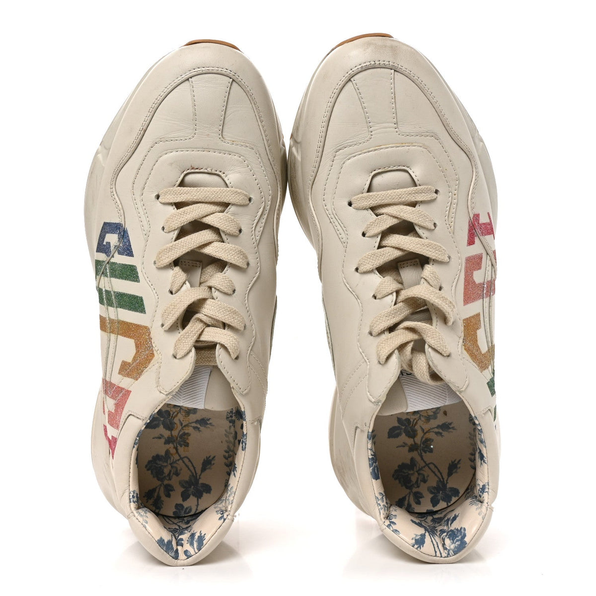 Gucci Calfskin Women's Glitter Game Logo Rhyton Sneakers 39 Mystic White