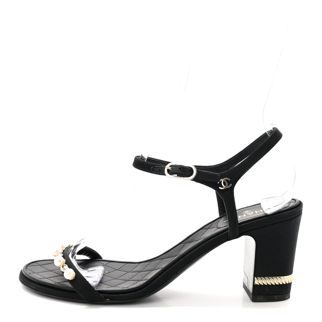 Chanel Grosgrain Pearl Chain Women's CC Sandals 38.5 Black