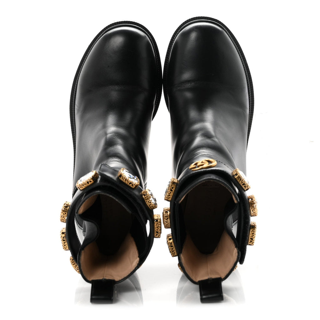 Gucci Calfskin Women's Crystal GG Trip Chelsea Ankle Boots 36.5 Black