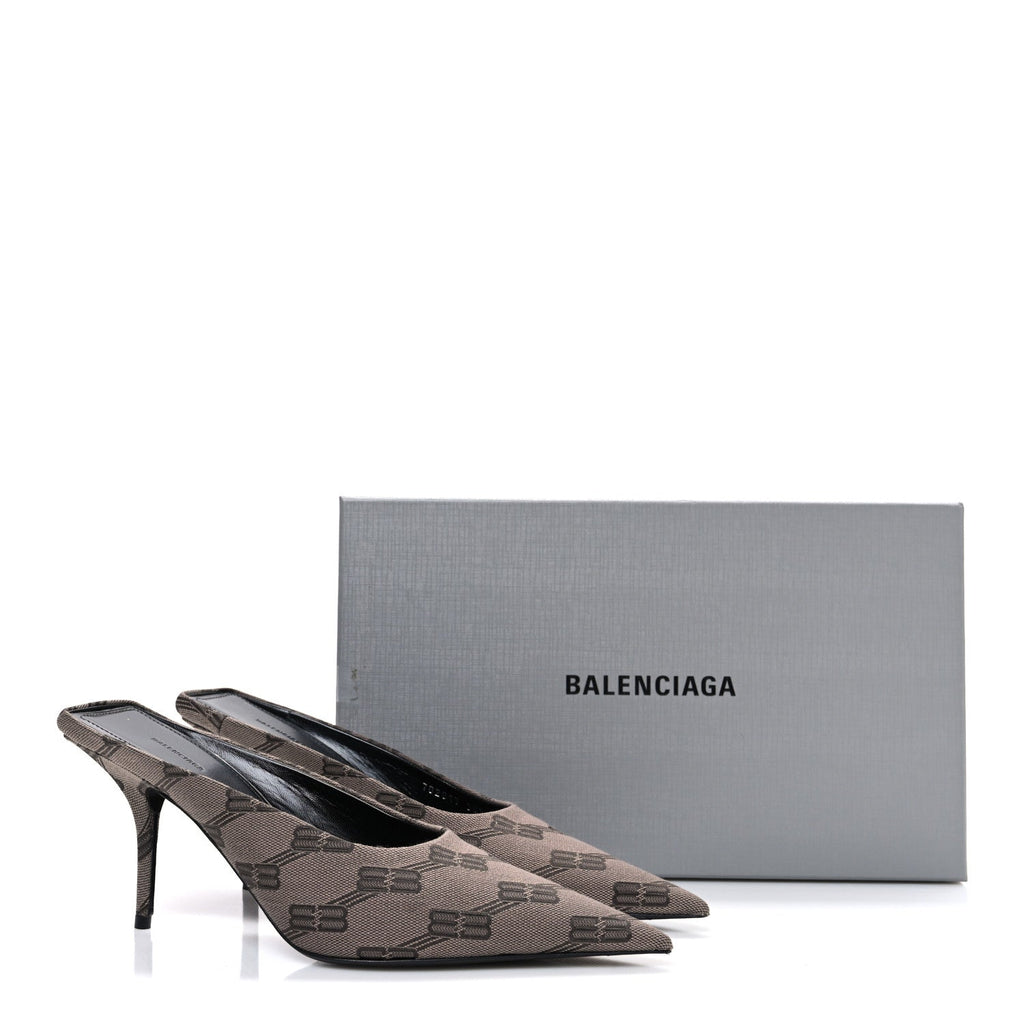 Balenciaga Monogram Canvas Women's Square Knife 80mm Mules 38.5 Dark Mink Grey Dark Brown