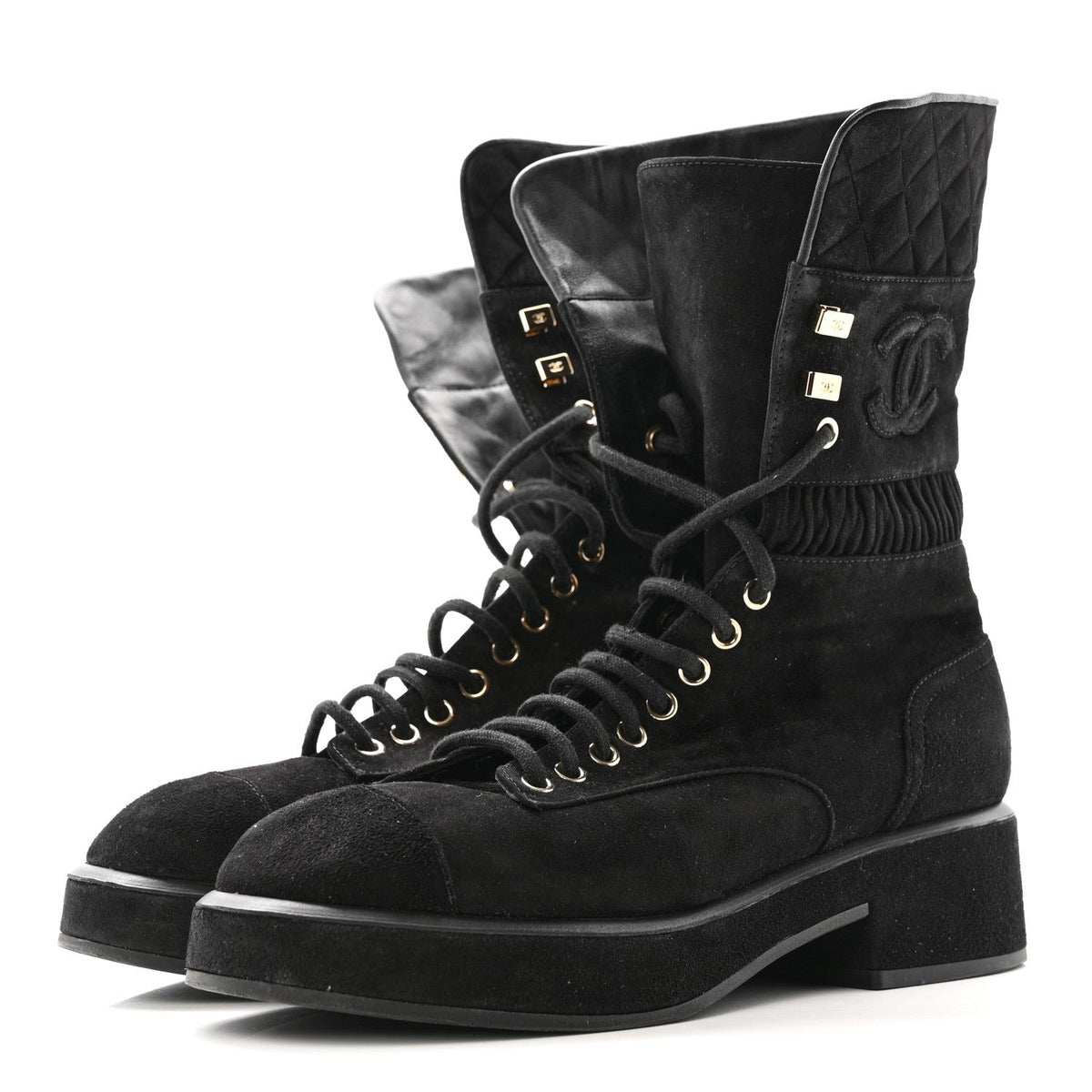 Chanel Suede Quilted Women's CC Lace Up Combat Boots 38.5 Black