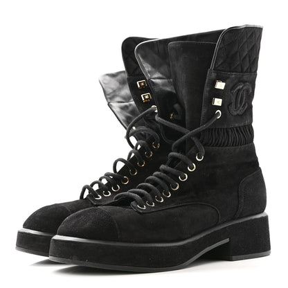 Chanel Suede Quilted Women's CC Lace Up Combat Boots 38.5 Black
