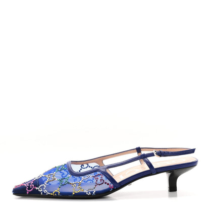 Gucci Tela Retino Nappa Women's Charlotte 35mm Slingback Pumps 38 Splash Net Blue