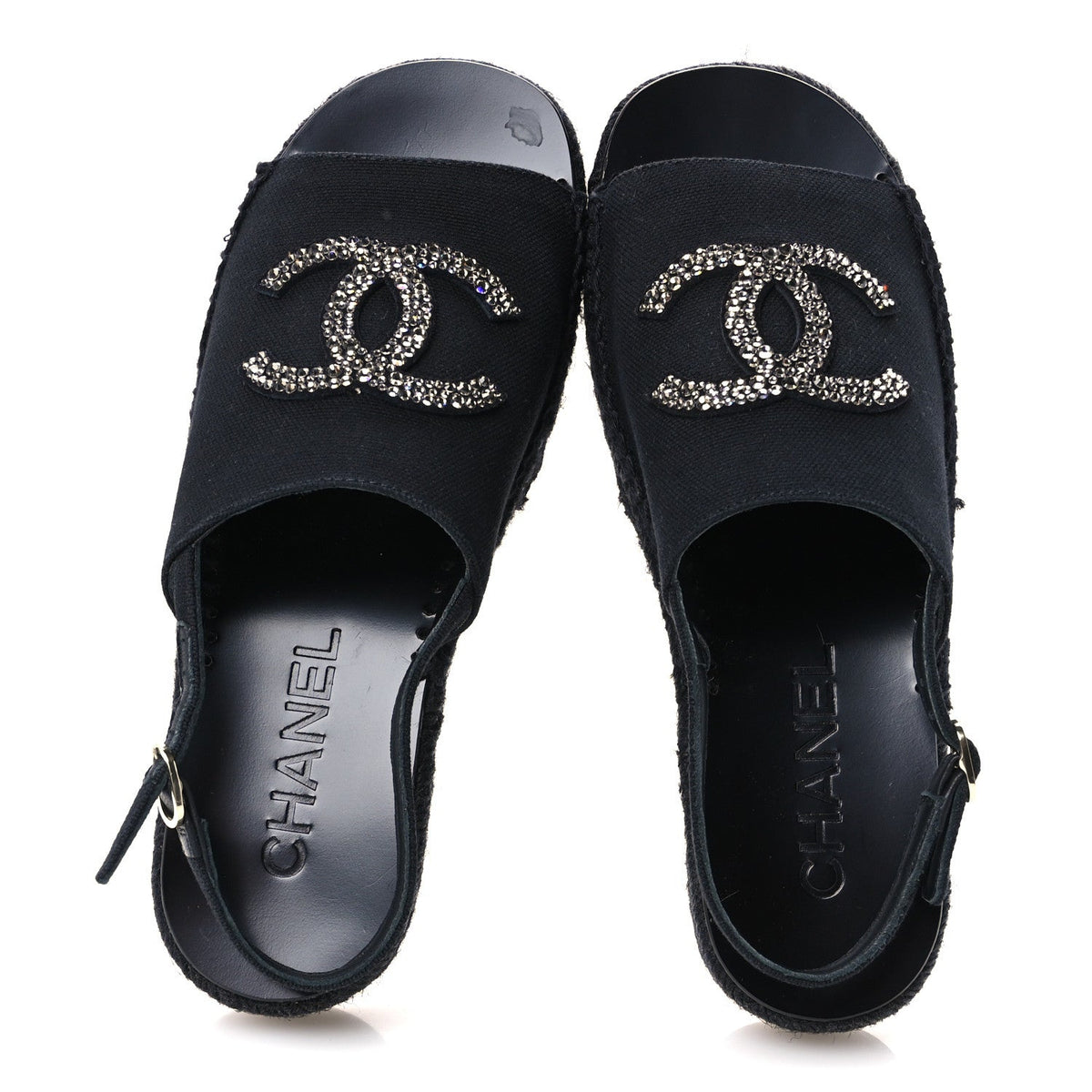 Chanel Canvas Strass CC Women's Espadrille Slingback Sandals 38 Black