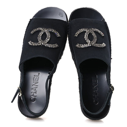 Chanel Canvas Strass CC Women's Espadrille Slingback Sandals 38 Black