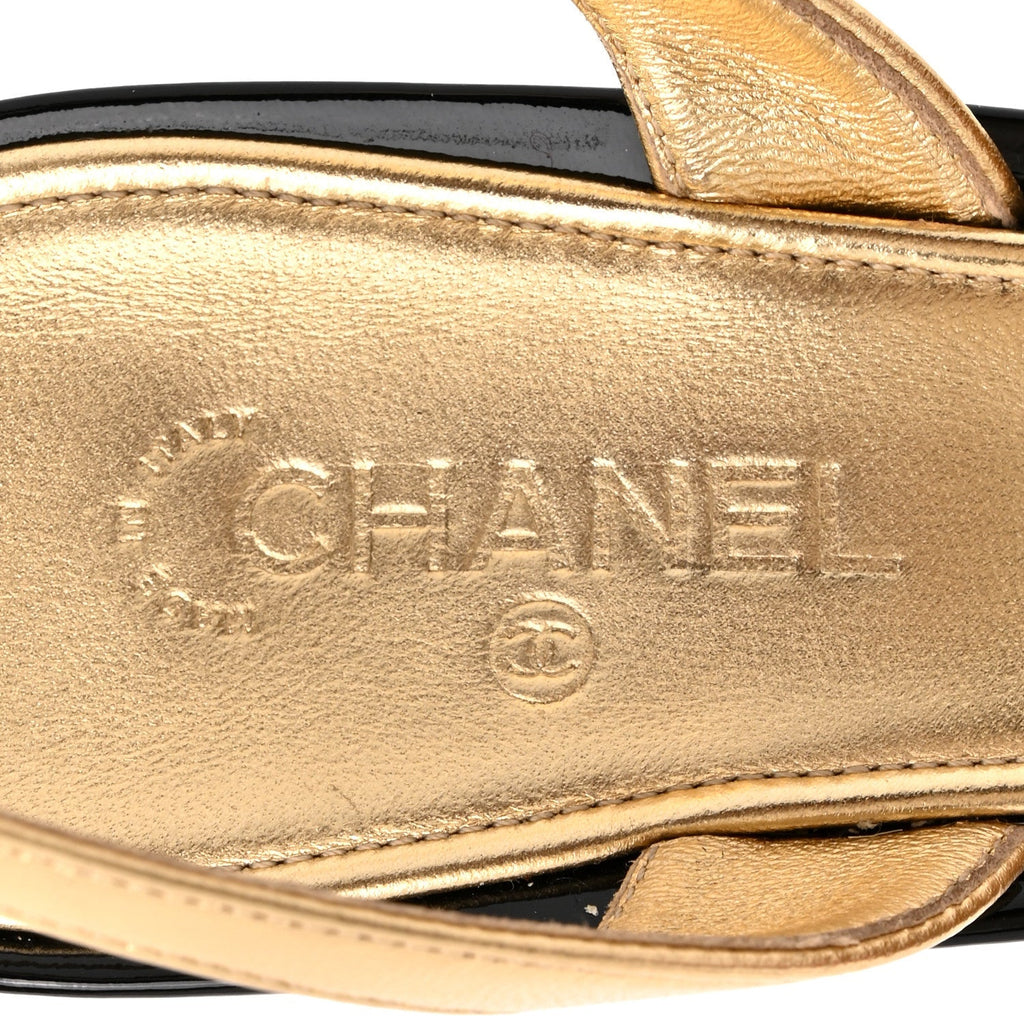 Chanel Lambskin Patent CC Apple Women's Slingback Pumps 41 Gold Black