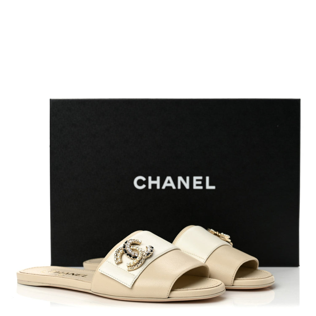 Chanel Lambskin Pearl Crystal CC Women's Mules Sandals