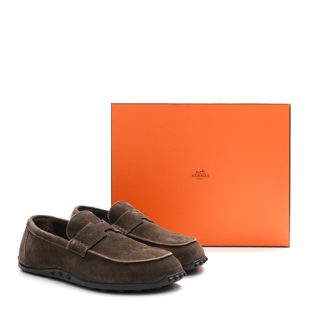 Hermes Suede Calfskin Men's Lazy Loafers 42 Ecorce