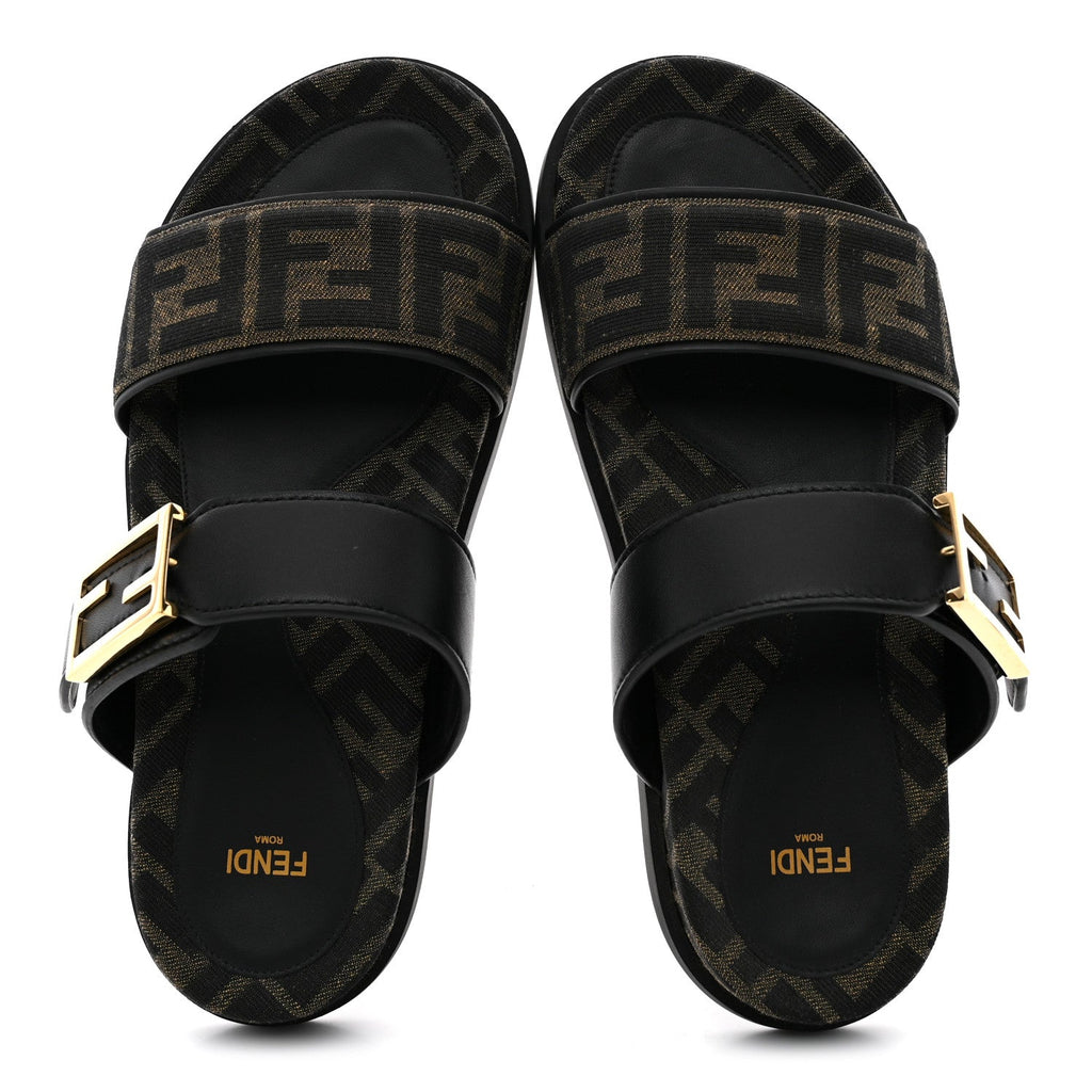 Fendi Fabric Jacquard Nappa FF Women's Feel Buckled Slide Sandals 37 Tobacco Black