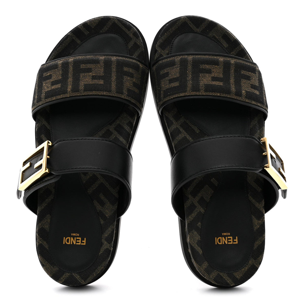 Fendi Fabric Jacquard Nappa FF Women's Feel Buckled Slide Sandals 37 Tobacco Black