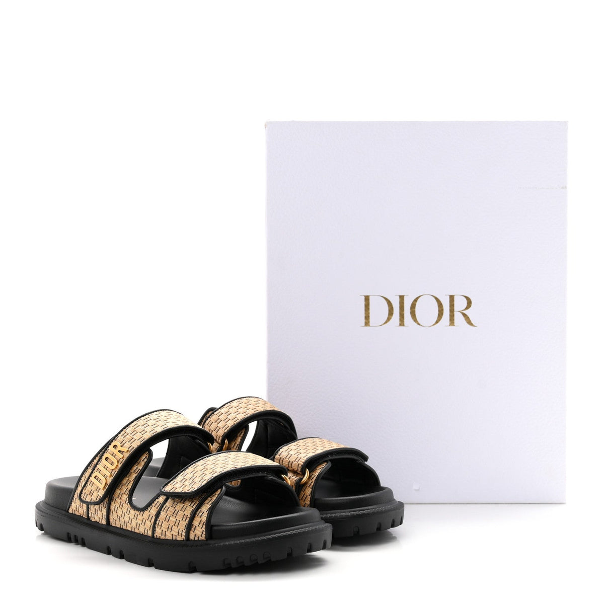 Christian Dior Raffia Women's Dioract Slide Sandals 36.5 Straw Black