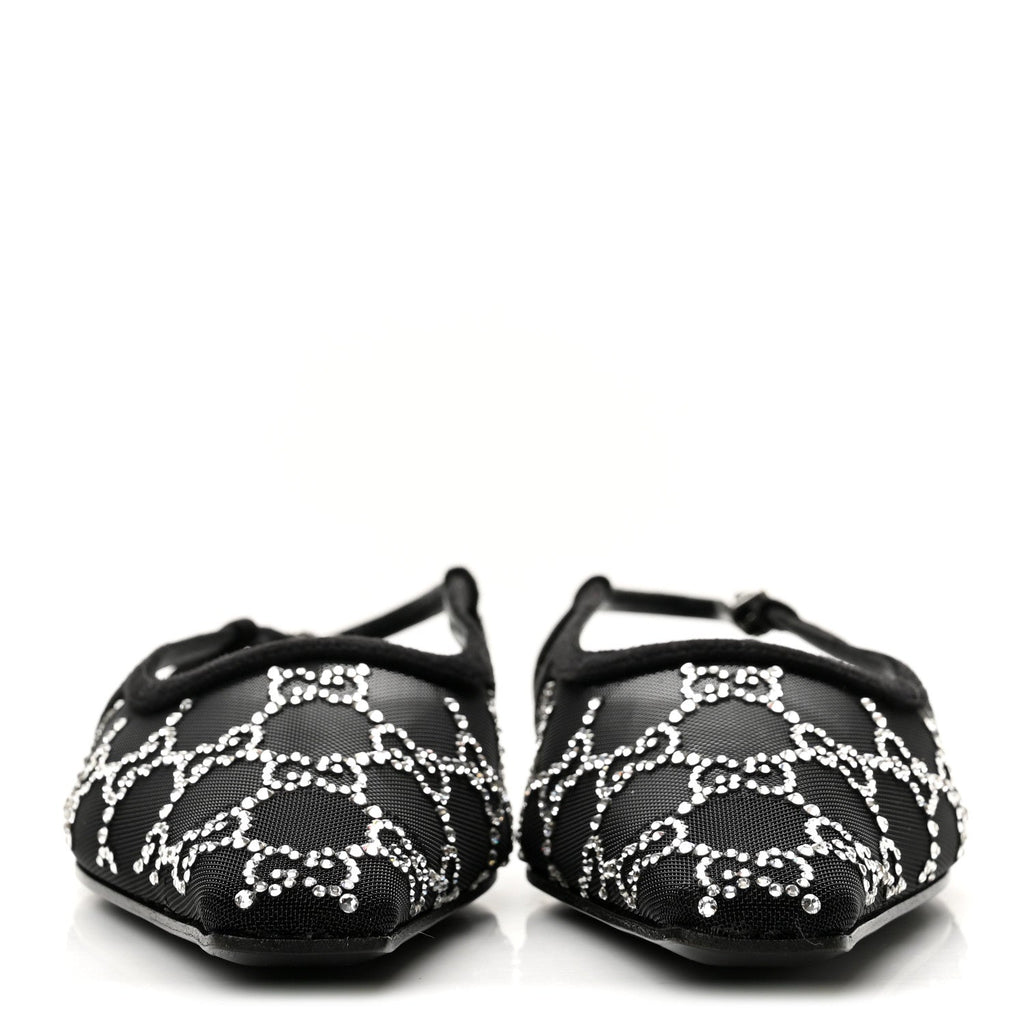 Gucci Suede Mesh Crystal Women's GG Demi Ballet Flats 37.5 Black