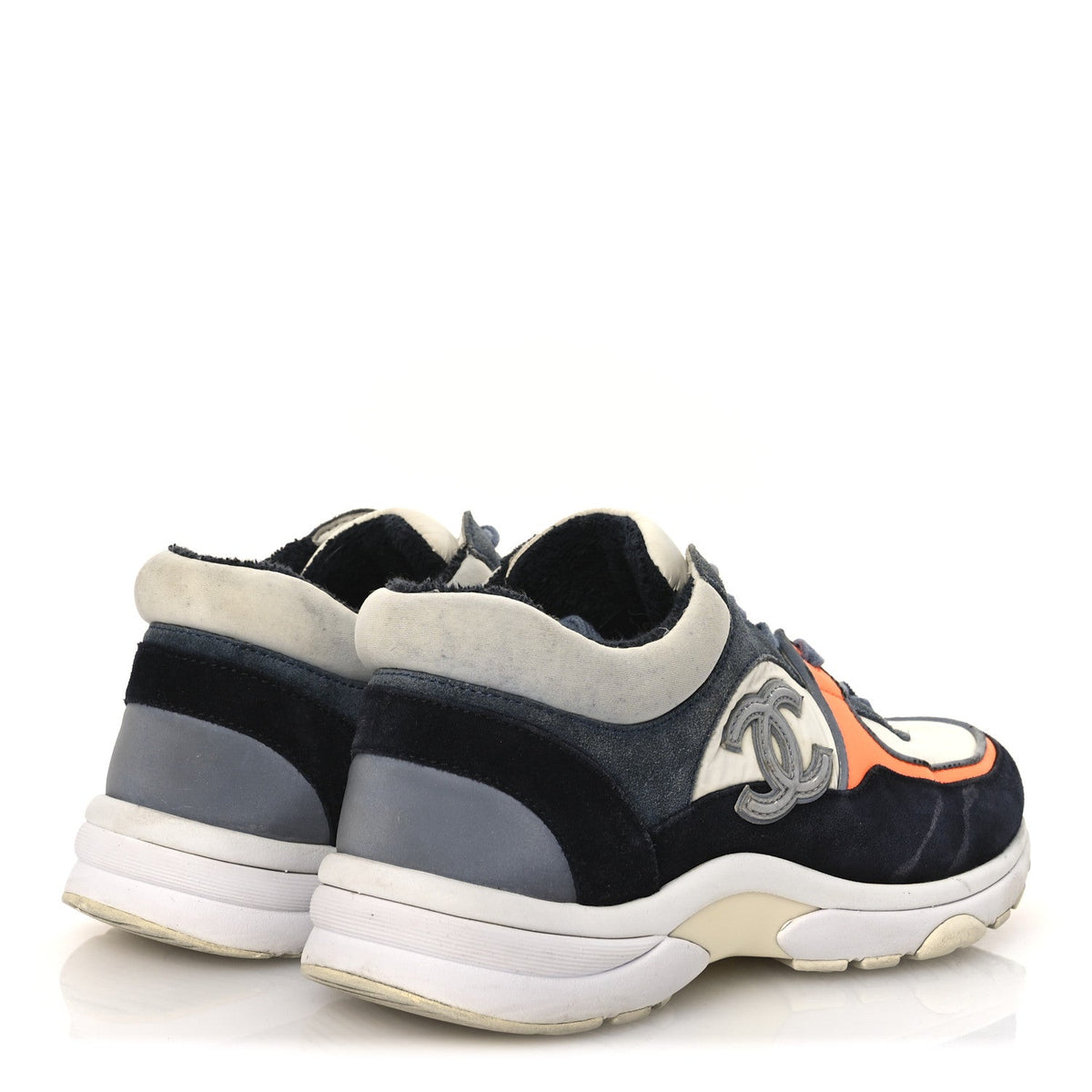 Chanel Nylon Calfskin Suede Women's CC Sneakers 35.5 Navy White Orange Black