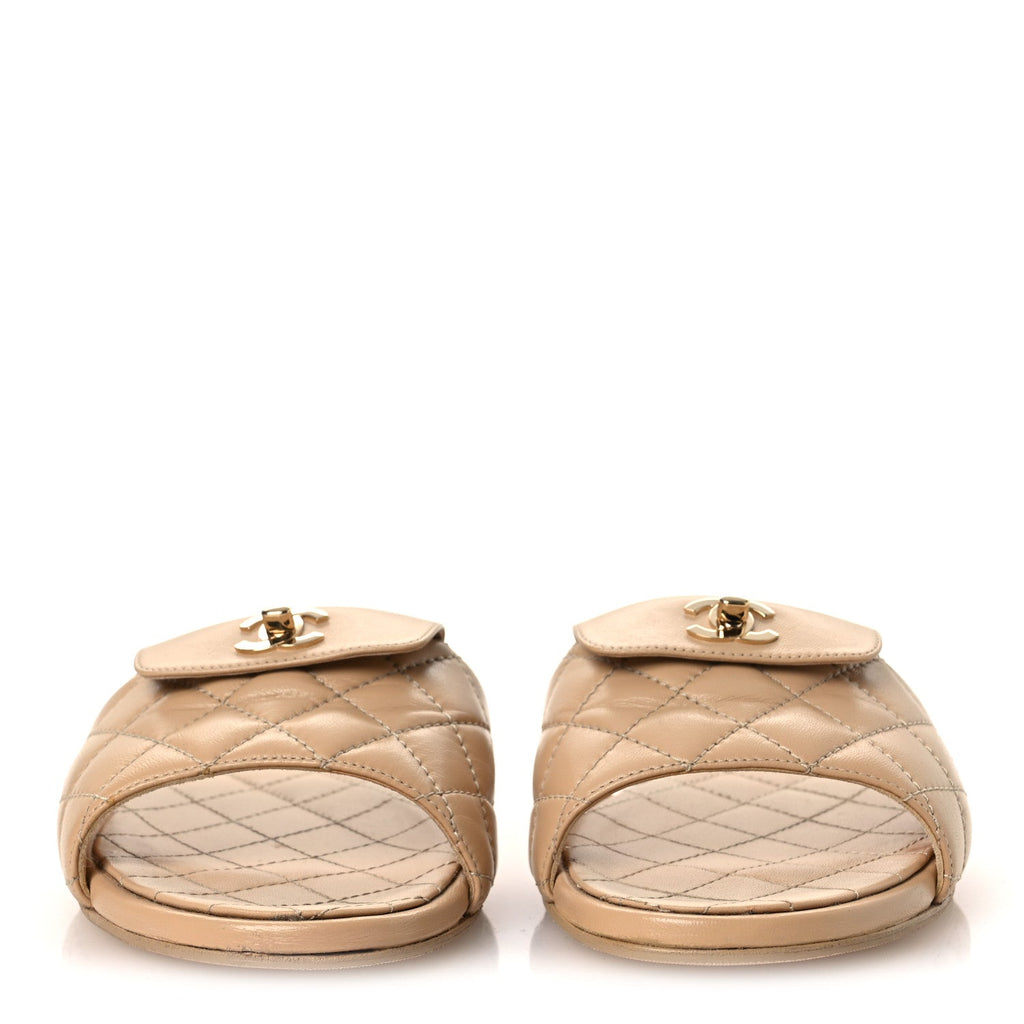 Chanel Lambskin Women's Quilted CC Turnlock Sandals 39 Beige