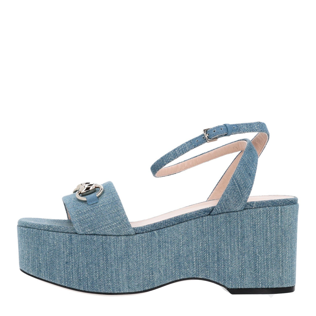 Gucci Denim Women's Horsebit Flatform Sandals 36 Old Azure