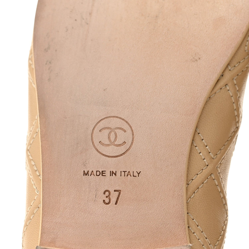 Chanel Lambskin Patent Women's Double Stitched CC Cap Toe Ballerina Flats 37 Beige Black
