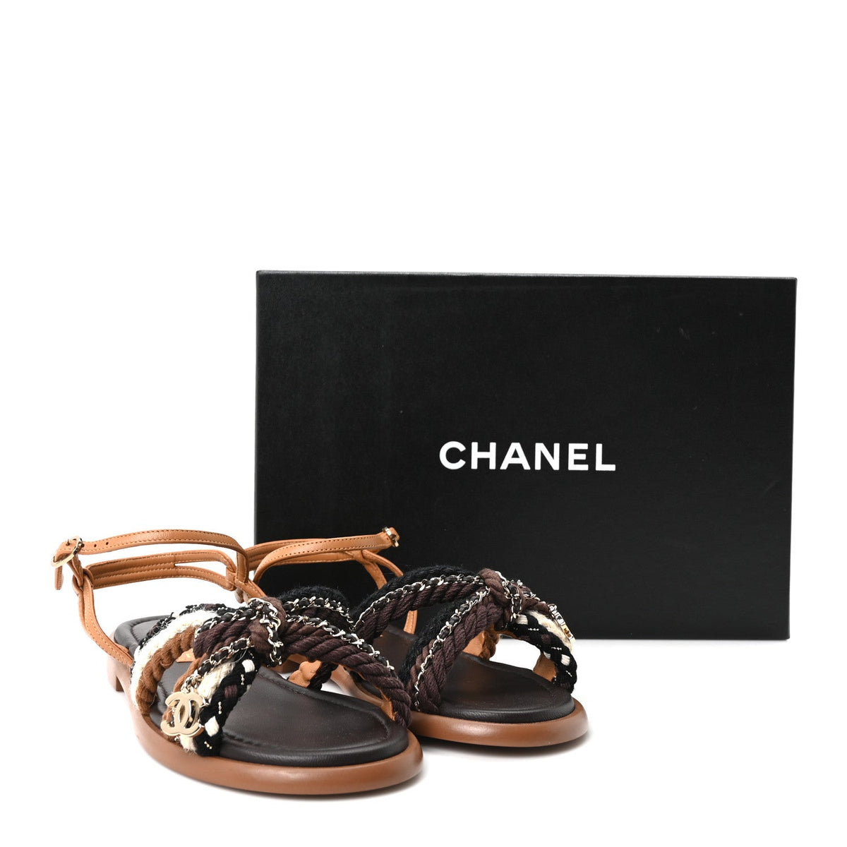 Chanel Lambskin Cord Chain CC Women's Sandals 37 Brown Black Ivory
