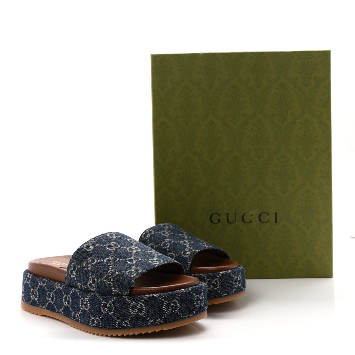 Gucci Denim Women's GG Monogram Angelina Platform Slide Sandals 40.5 Blue Tea