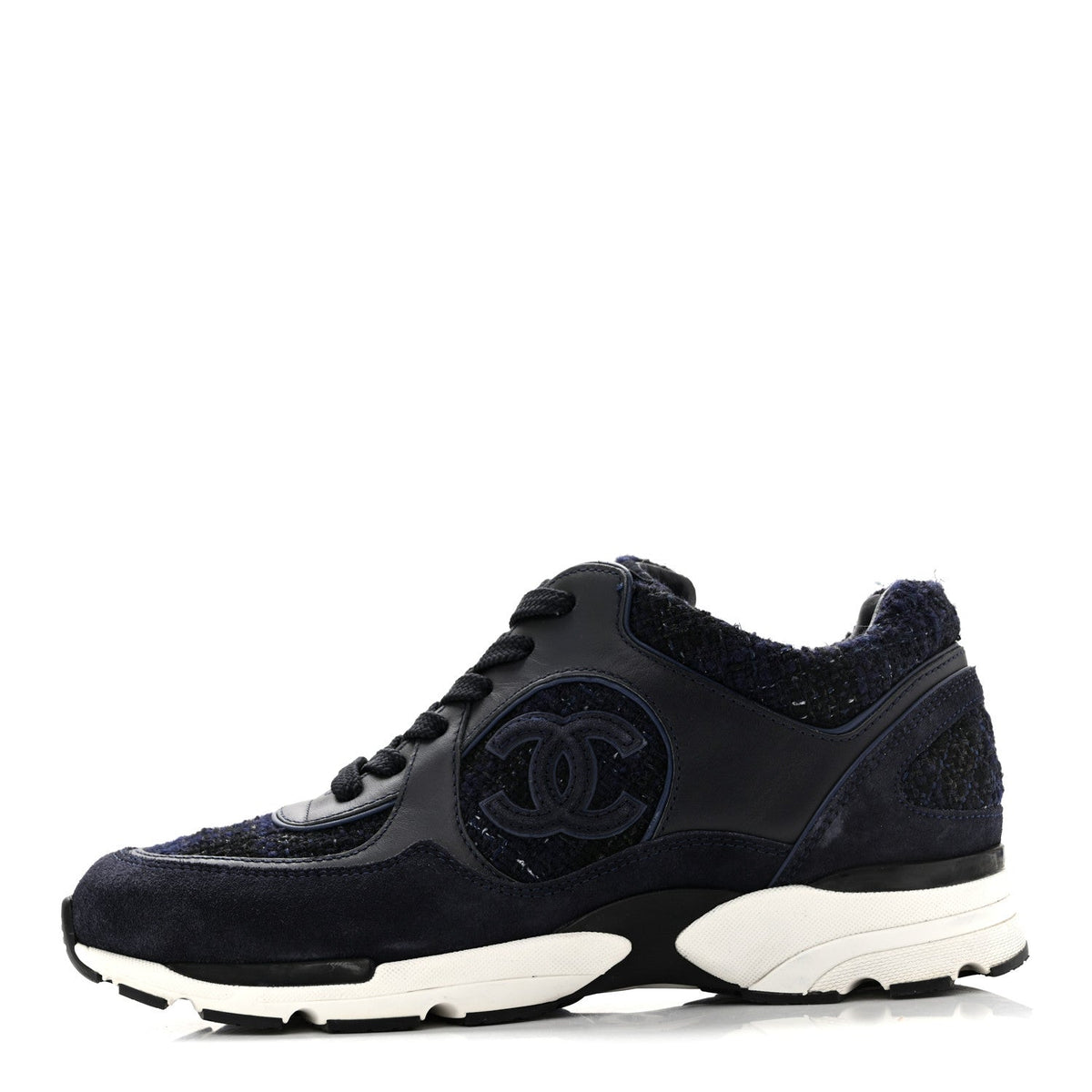 Chanel Tweed Suede Women's CC Sneakers 37.5 Black Blue