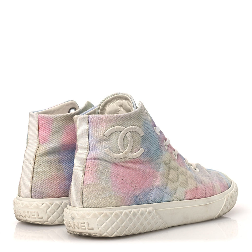 Chanel Printed Fabric Women's High Top CC Sneakers 39 Green Pink Blue White