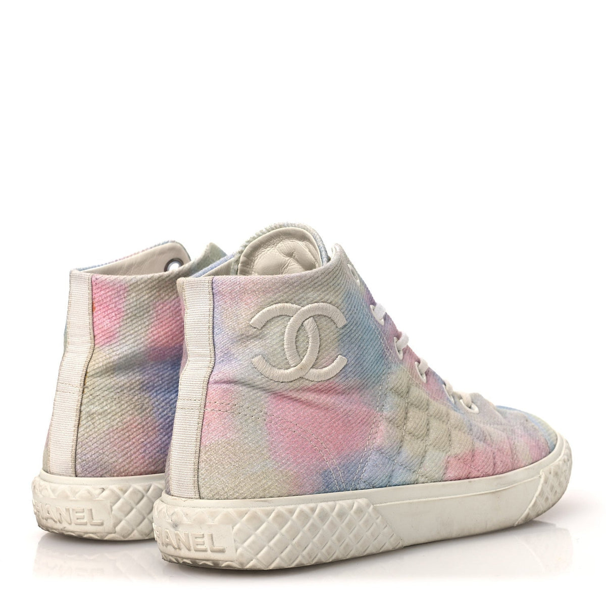 Chanel Printed Fabric Women's High Top CC Sneakers 39 Green Pink Blue White