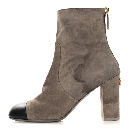 Chanel Suede Lambskin Women's Cap Toe CC Boots 39 Beige Black