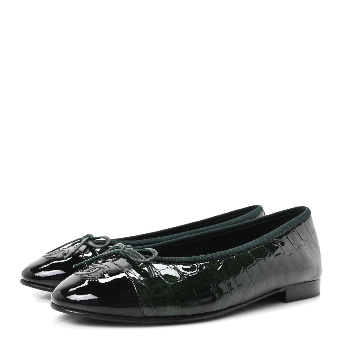 Chanel Crocodile Embossed Patent Calfskin CC Women's Ballerina Flats Dark Green Black
