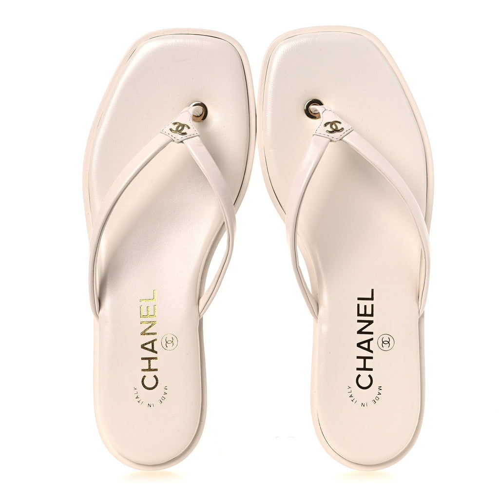 Chanel Goatskin CC Times Square Women's Thong Sandals White