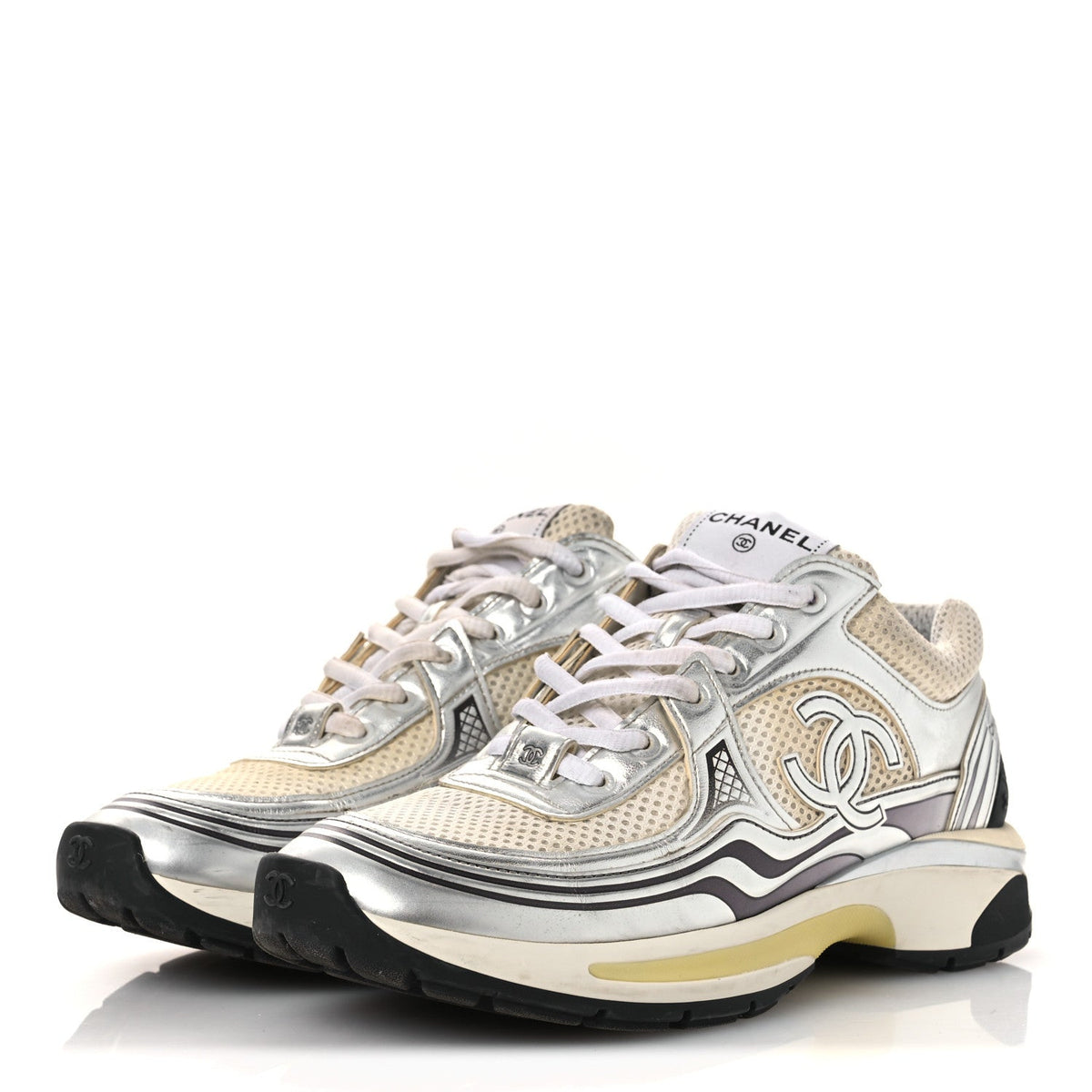 Chanel Fabric Laminated Calfskin Stretch CC Women's Sneakers