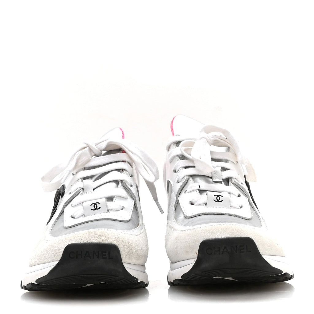 Chanel Calfskin Fabric Women's Sneakers 37.5 White Silver Fluo Pink
