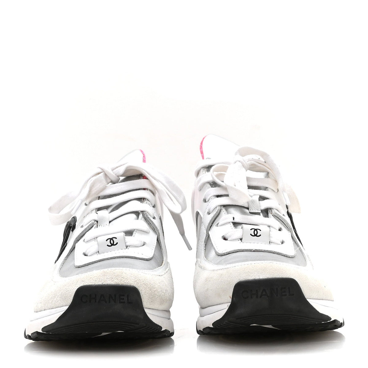 Chanel Calfskin Fabric Women's Sneakers 37.5 White Silver Fluo Pink