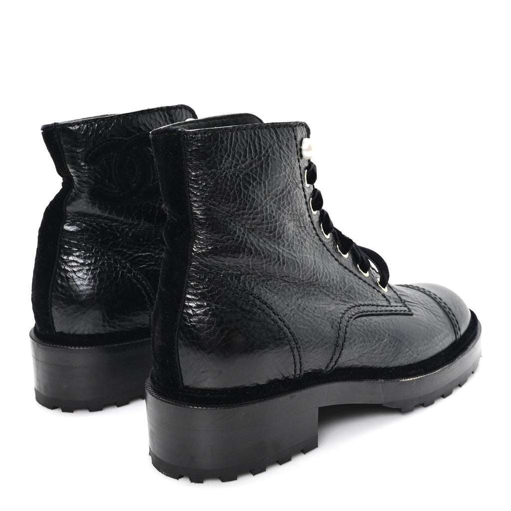 Chanel Shiny Calfskin Velvet Women's Pearl Combat Short Boots 37.5 Black