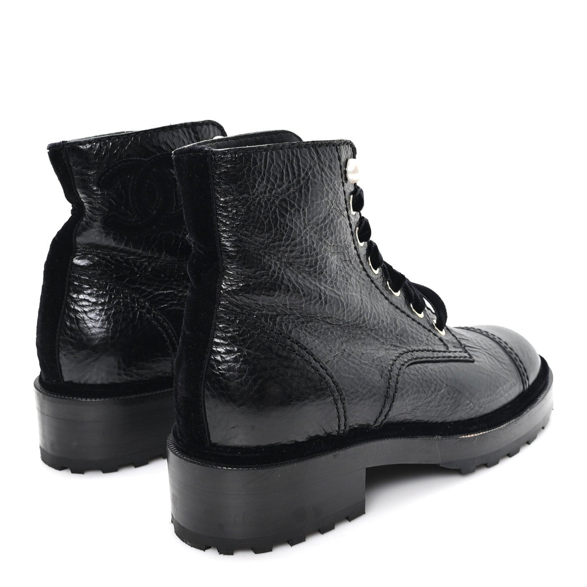 Chanel Shiny Calfskin Velvet Women's Pearl Combat Short Boots 37.5 Black