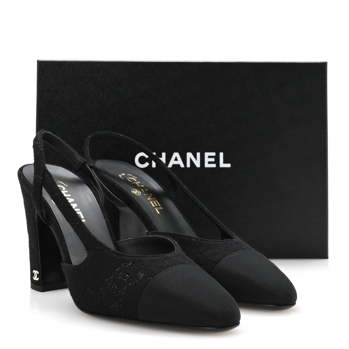 Chanel Wool Grosgrain Women's Cap Toe CC Slingback Pumps 41 Black
