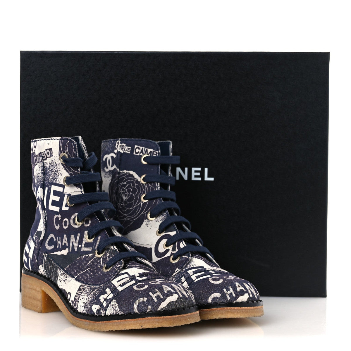 Chanel Suede Calfskin Women's CC 31 Rue Cambon Combat Boots 39.5 White Navy