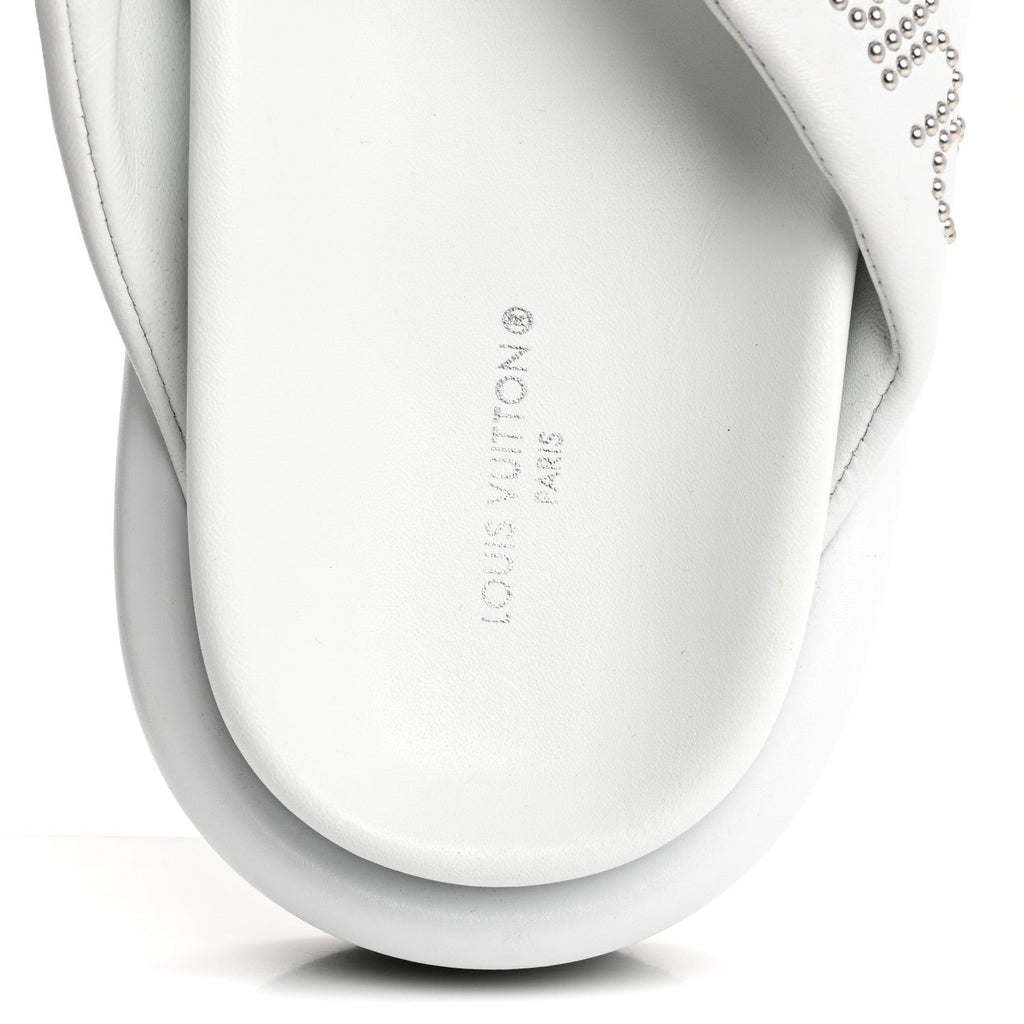 Louis Vuitton Calfskin Women's Logo Studded Pillow Flat Sandals 35 White