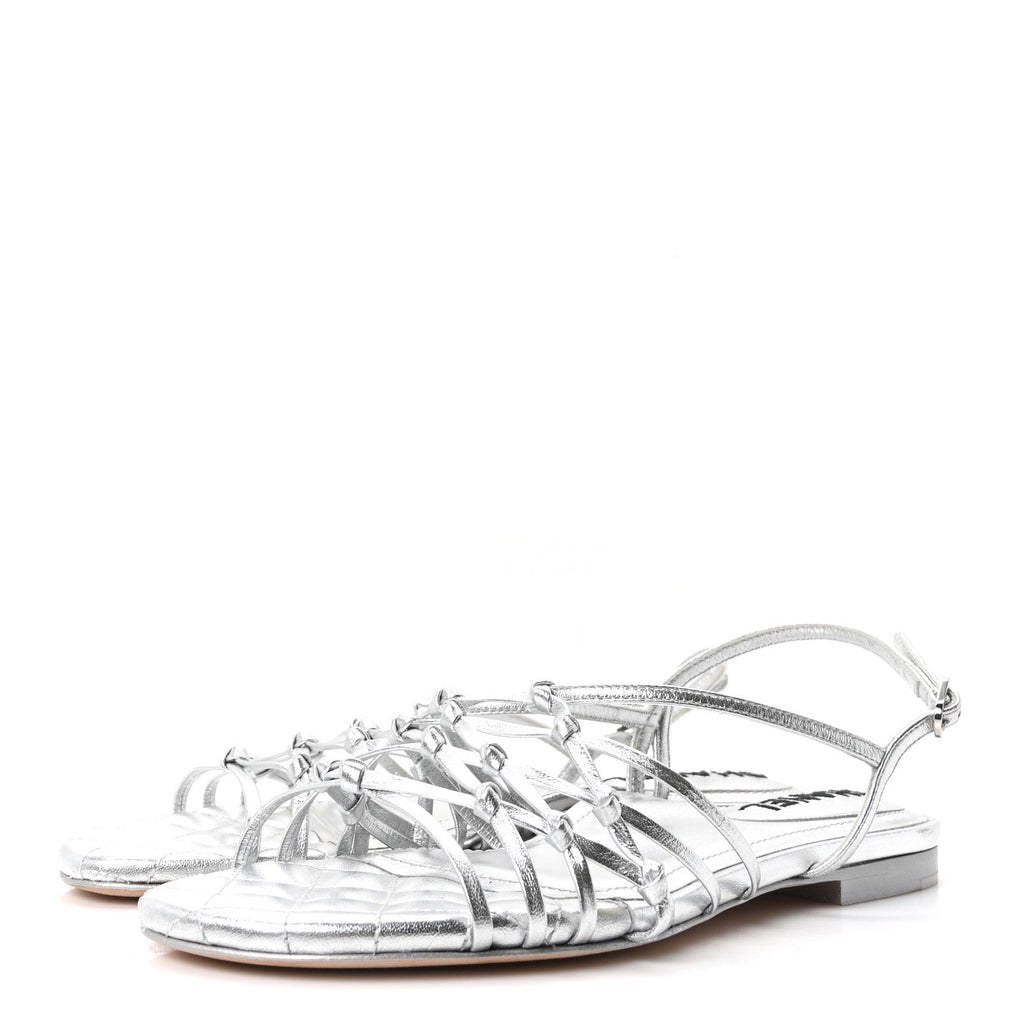 Chanel Laminated Lambskin Women's CC Sandals 36.5 Silver