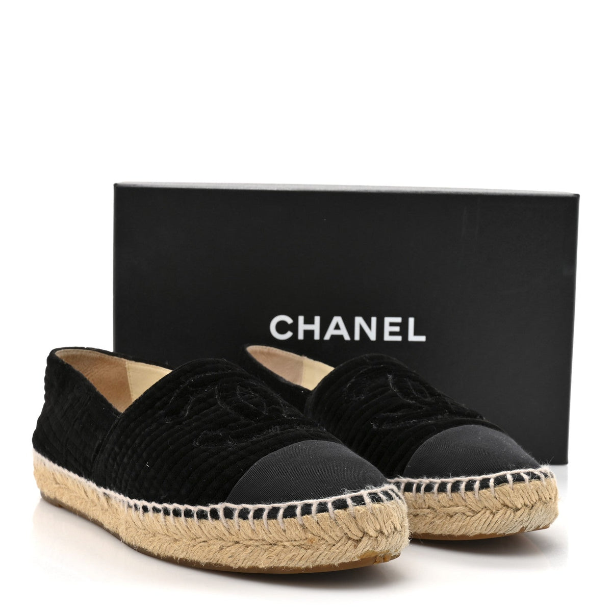 Chanel Velvet Grosgrain Women's CC Espadrilles 38 Black