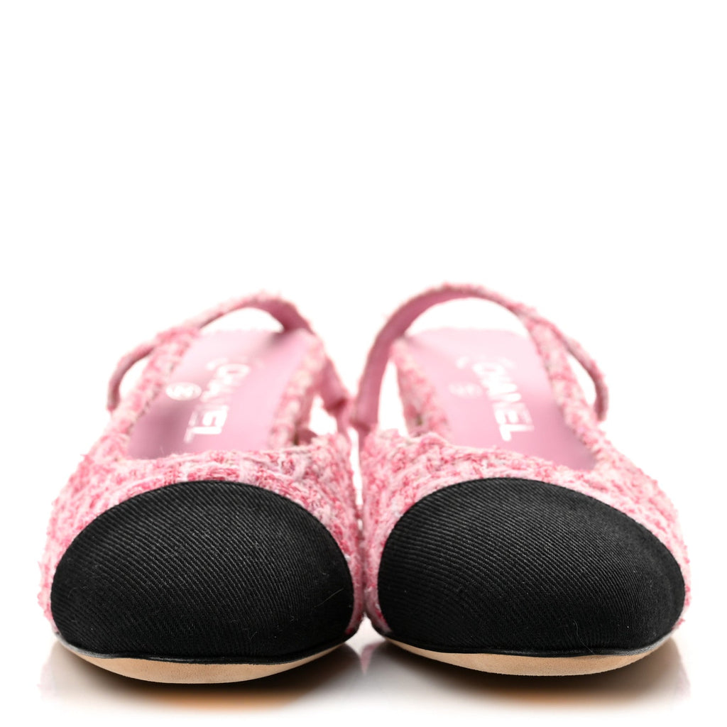 Chanel Tweed Grosgrain CC Women's Slingback Pumps 40 Pink Black