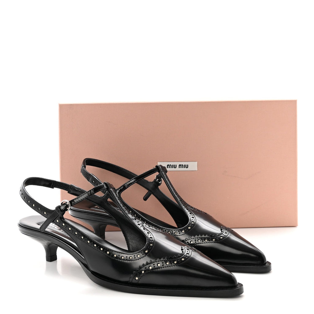 Miu Miu Calfskin Women's Brogue Slingback Pumps 39 Black