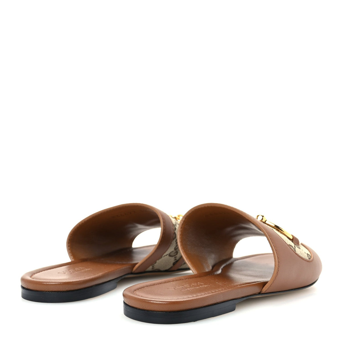 Gucci Monogram Calfskin Women's Horsebit Slide Sandals 38 Sundial Beige Ebony