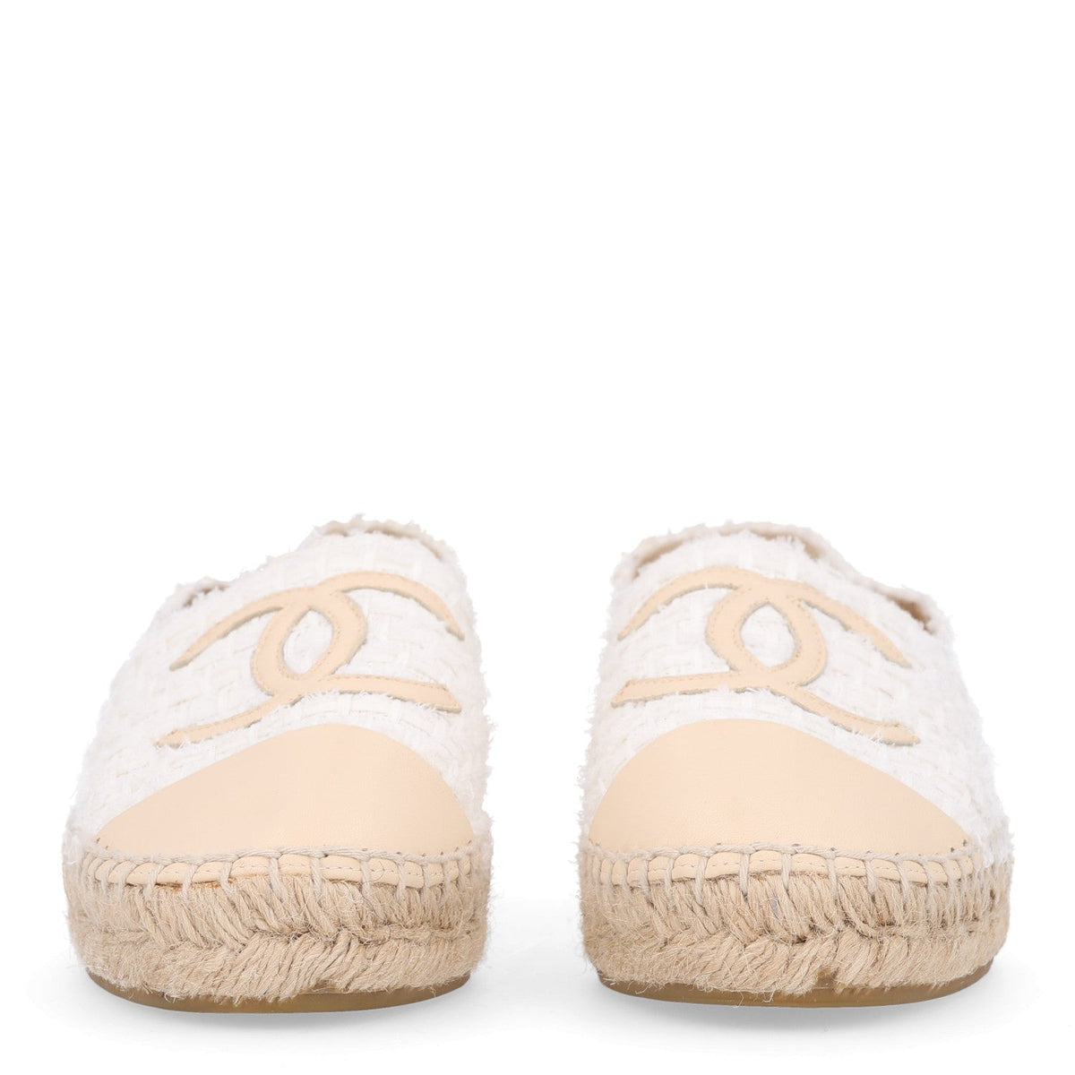 Chanel Tweed Grosgrain Women's CC Espadrilles 36 White Beige