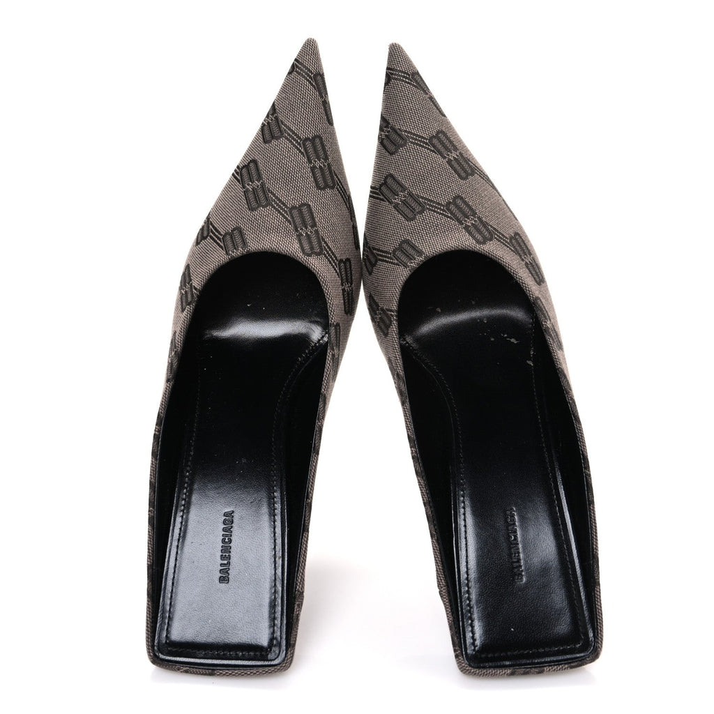 Balenciaga Monogram Canvas Women's Square Knife 80mm Mules 38.5 Dark Mink Grey Dark Brown