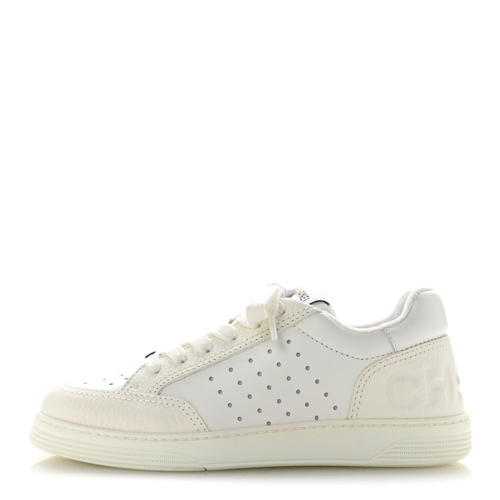 Chanel Grained Calfskin Fabric Women's Logo Sneakers 37.5 White