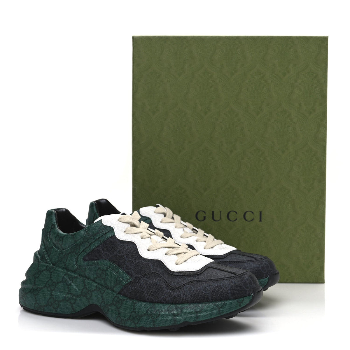 Gucci GG Supreme Monogram Men's Rhyton Sneakers 8.5 Black Green