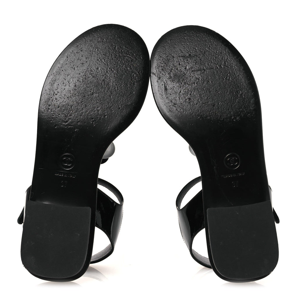 Chanel Patent Calfskin Women's Camellia Thong Sandals 37 Black White