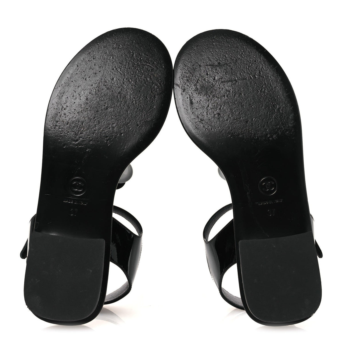 Chanel Patent Calfskin Women's Camellia Thong Sandals 37 Black White