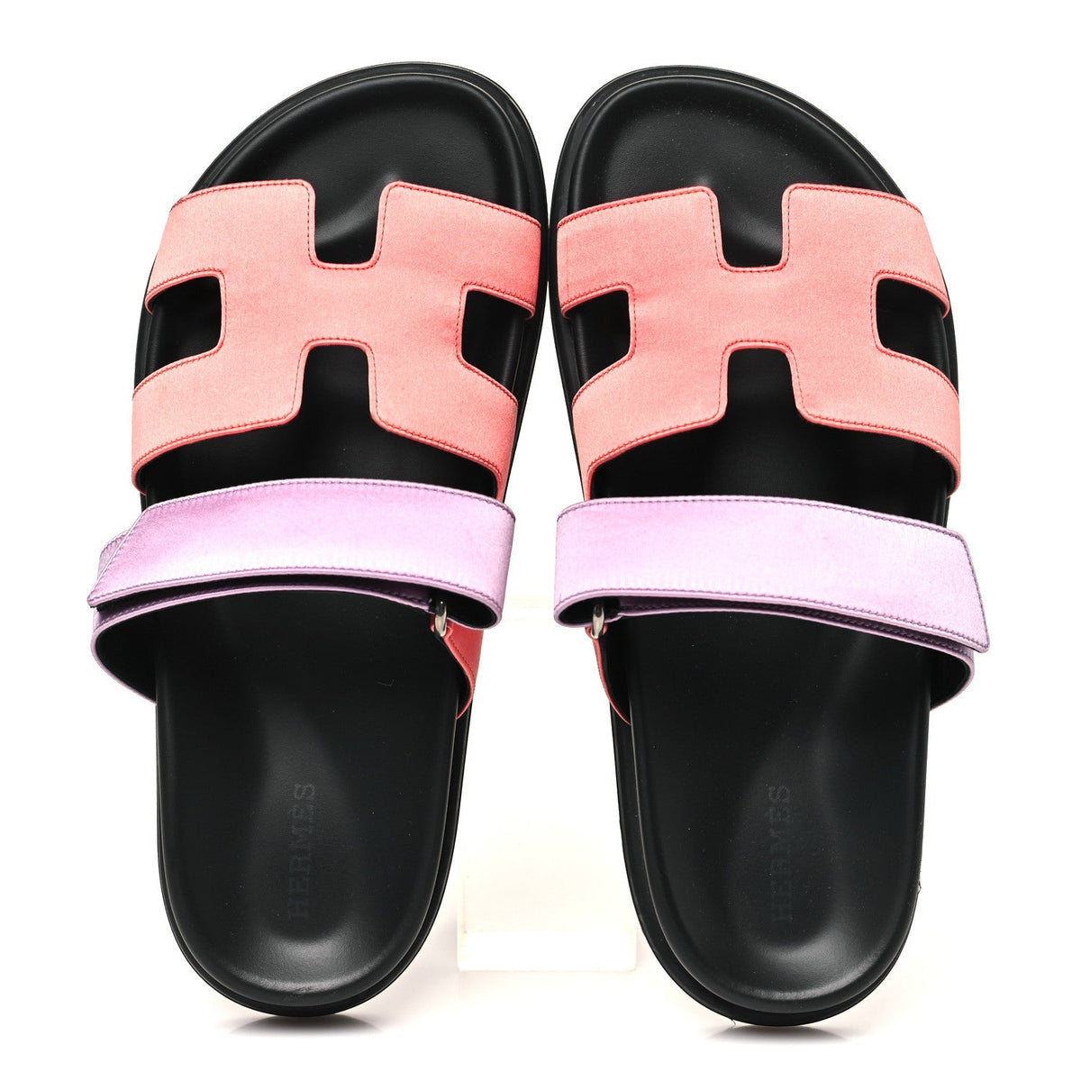 Hermes Satin Crepe Women's Chypre Sandals 37.5 Rose Peche Violet Petale