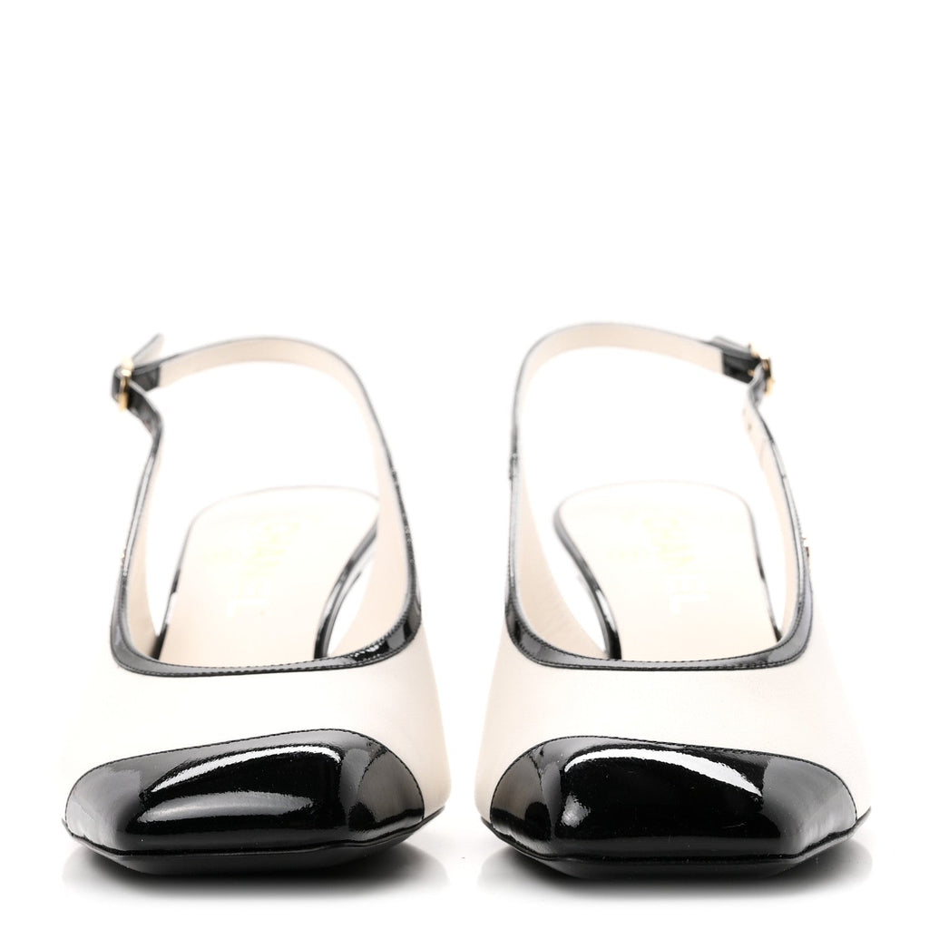 Chanel Lambskin Patent Calfskin Women's Cap Toe CC Slingback Pumps 38 White Black